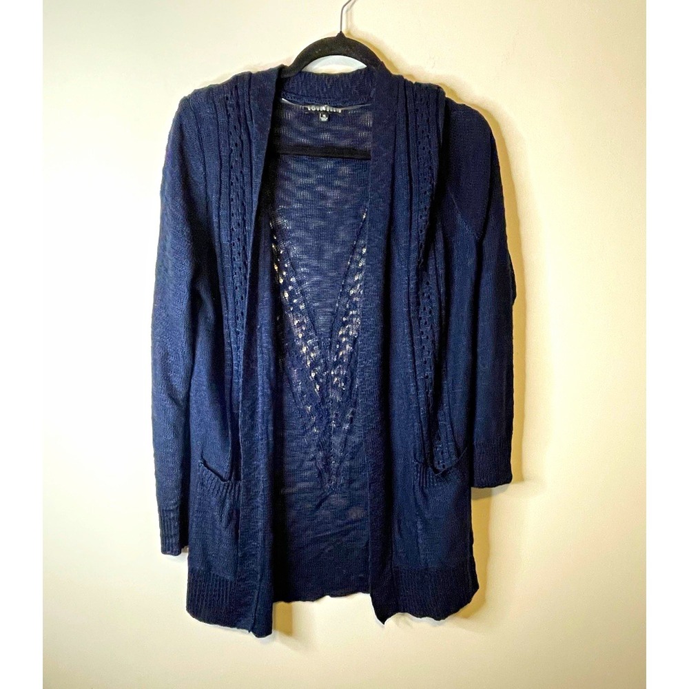 Love Ellie Cardigan Women's XL Navy Open Front Pointelle Longline Pockets